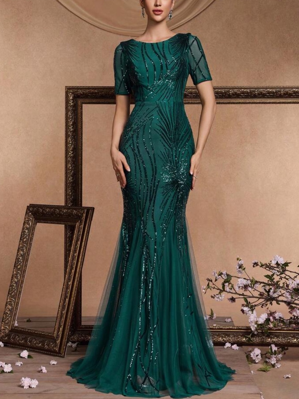 Elegant Dark Green Sequin Evening Gown